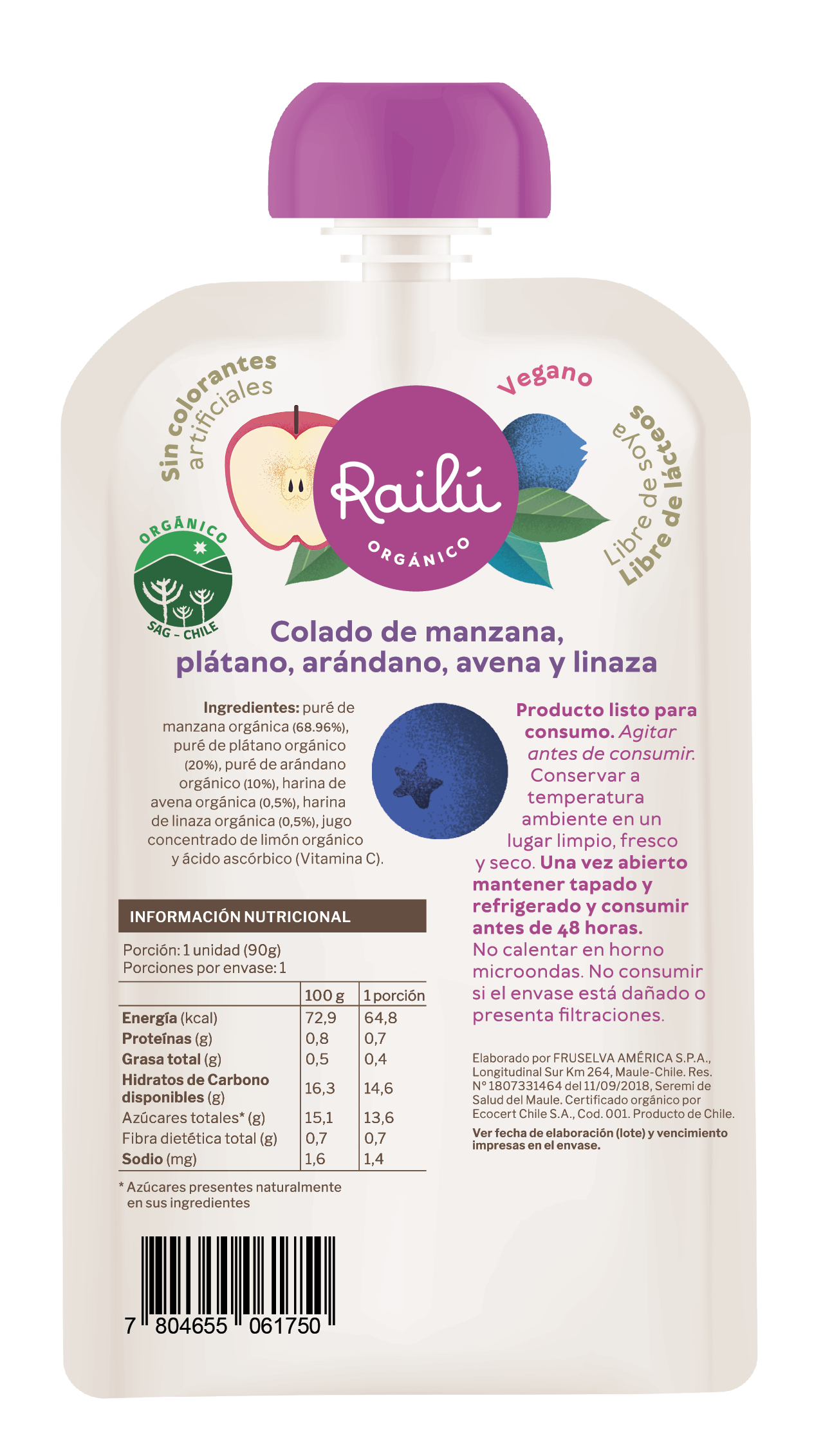 Colado de manzana, plátano, arándano, avena y linaza - 36 unidades