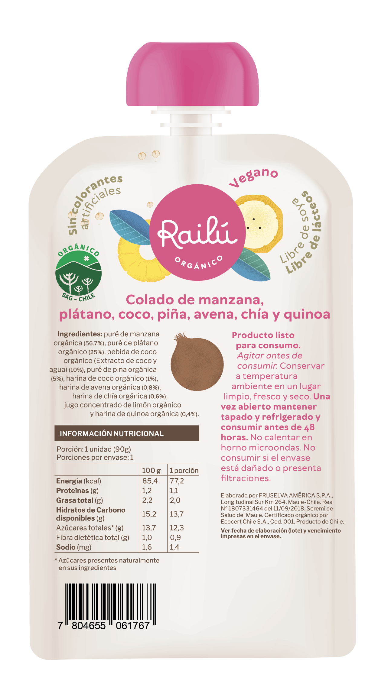 Colado de manzana, plátano, coco, piña, avena, chía y quinoa - 36 unidades